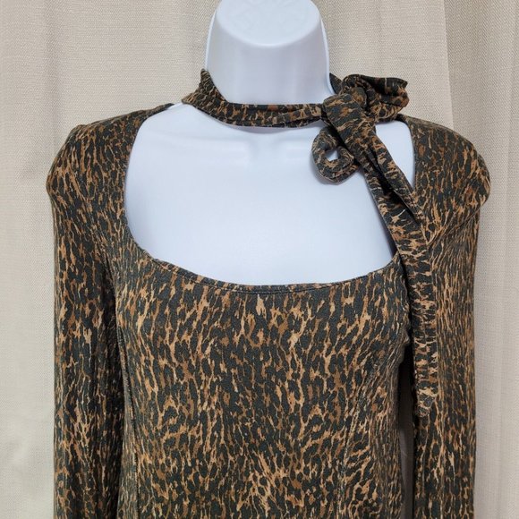 Free People Wild Thing Leopard Print Top Women's Size XS Long Sleeve Tie Neck - Picture 2 of 7